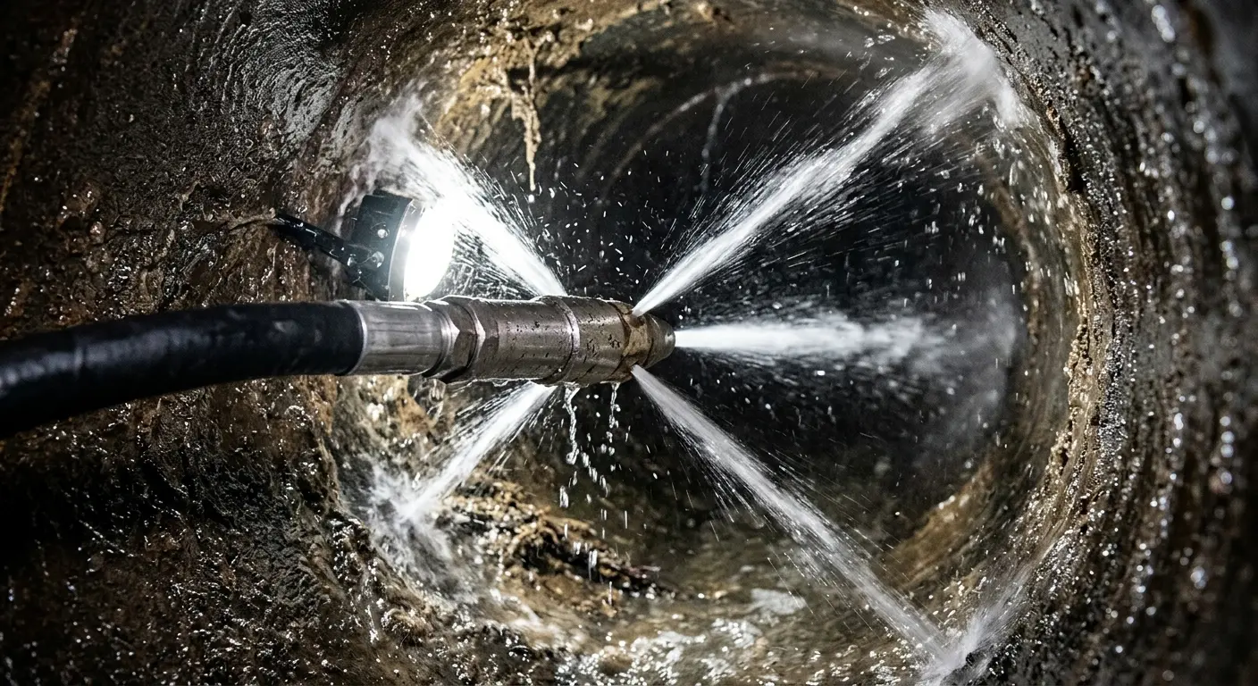 High-pressure hydro jetting nozzle cleaning sewer pipe for Sewer Cleanout in Noblesville