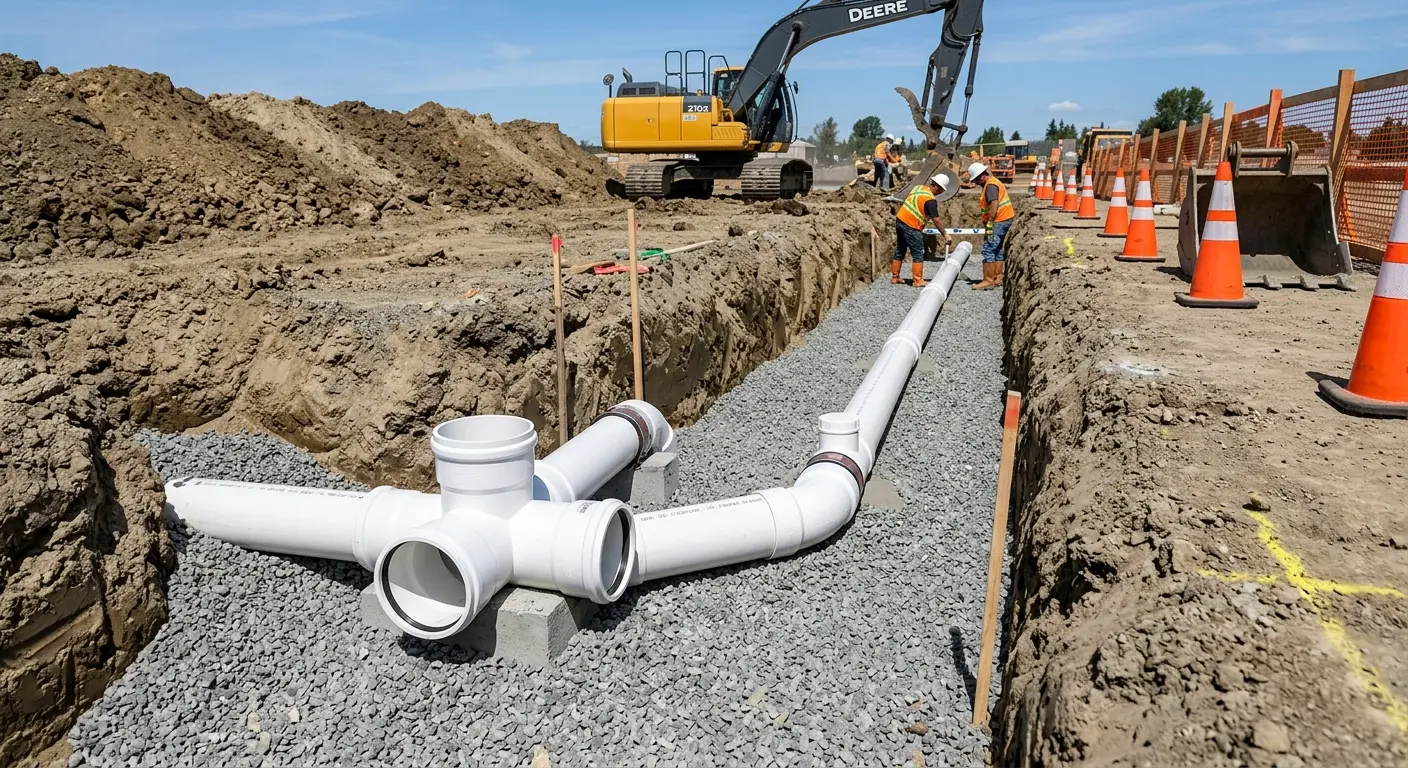 New PVC sewer pipe installation in open trench for Commercial Drain Cleaning in Noblesville