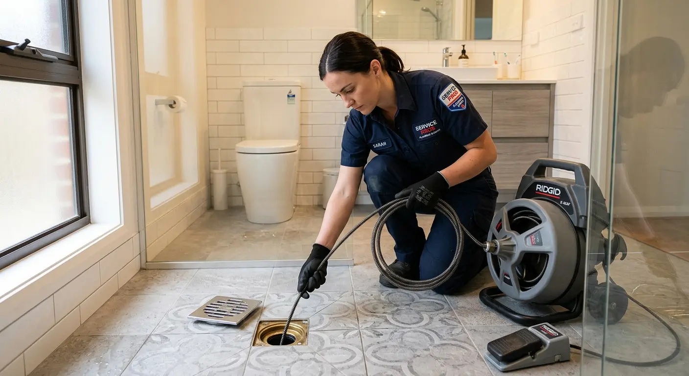 Technician clearing a bathroom floor drain for Sewer Line Replacement in Noblesville